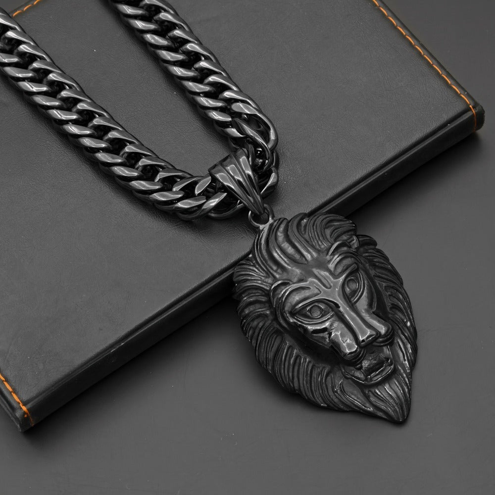 Cuban Link Chain Necklace - Lion Head Pendant Stainless Steel Men Bold Statement Hip Hop Jewelry Black - product detail view