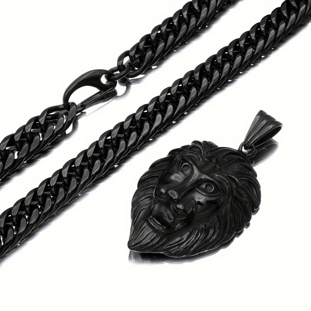 Cuban Link Chain Necklace - Lion Head Pendant Stainless Steel Men Bold Statement Hip Hop Jewelry Black - product detail view