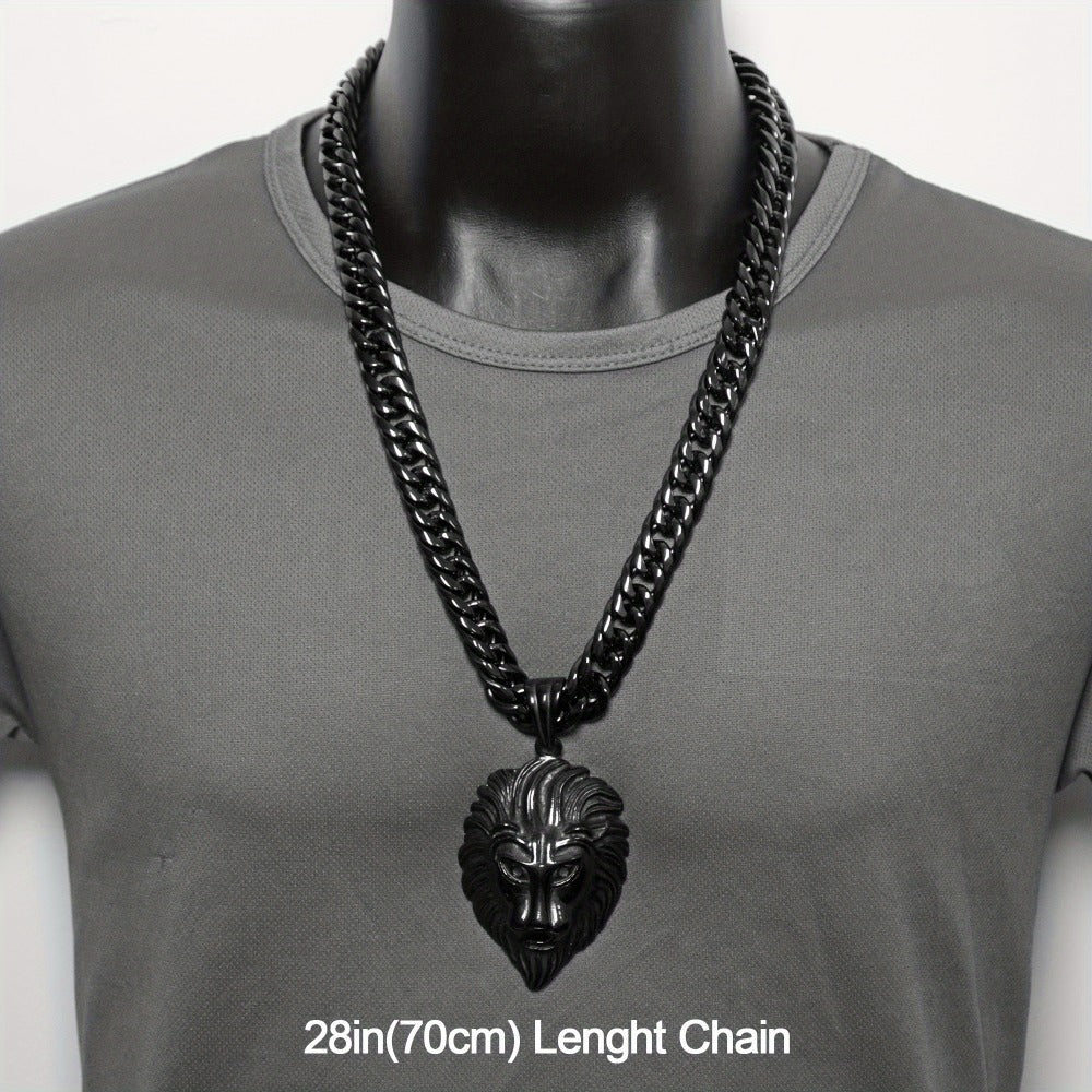 Cuban Link Chain Necklace - Lion Head Pendant Stainless Steel Men Bold Statement Hip Hop Jewelry Black - product detail view