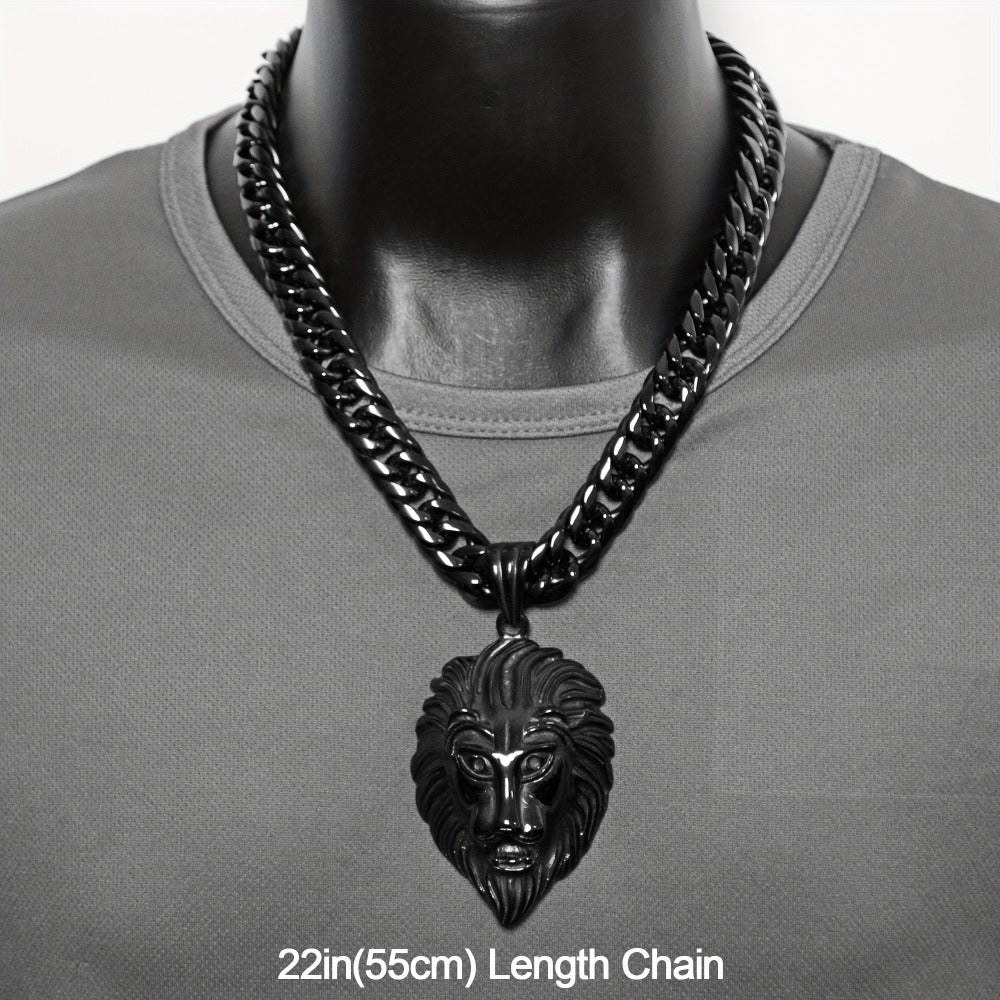 Cuban Link Chain Necklace - Lion Head Pendant Stainless Steel Men Bold Statement Hip Hop Jewelry Black - product detail view