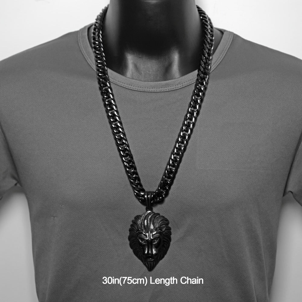 Cuban Link Chain Necklace - Lion Head Pendant Stainless Steel Men Bold Statement Hip Hop Jewelry Black - product detail view