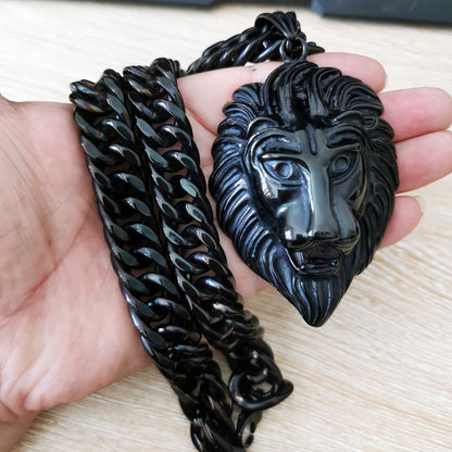Cuban Link Chain Necklace - Lion Head Pendant Stainless Steel Men Bold Statement Hip Hop Jewelry Black - product detail view