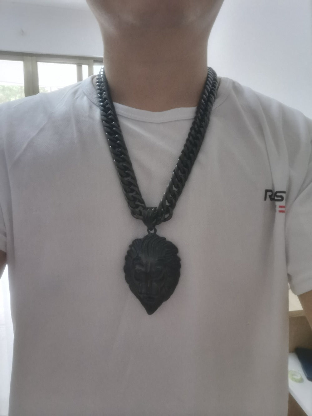 Cuban Link Chain Necklace - Lion Head Pendant Stainless Steel Men Bold Statement Hip Hop Jewelry Black - product detail view