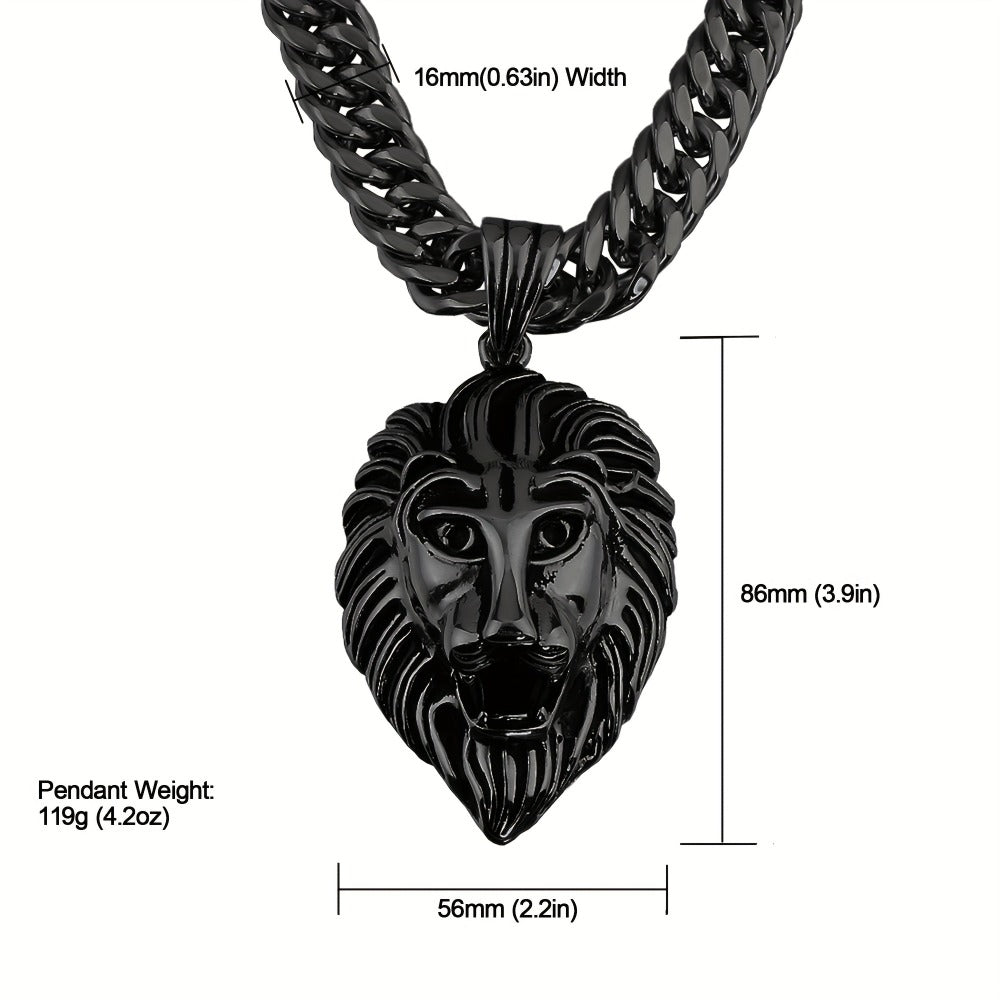 Cuban Link Chain Necklace - Lion Head Pendant Stainless Steel Men Bold Statement Hip Hop Jewelry Black - product detail view
