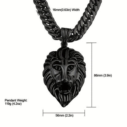 Cuban Link Chain Necklace - Lion Head Pendant Stainless Steel Men Bold Statement Hip Hop Jewelry Black - product detail view