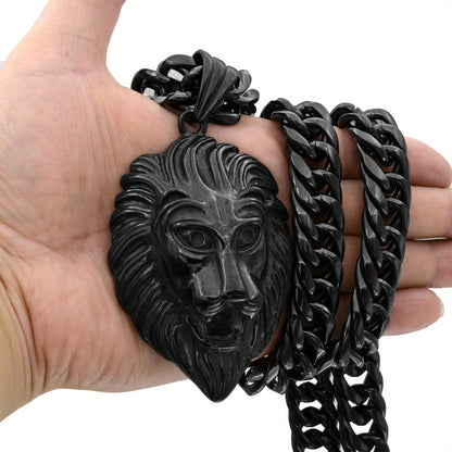 Cuban Link Chain Necklace - Lion Head Pendant Stainless Steel Men Bold Statement Hip Hop Jewelry Black - product detail view