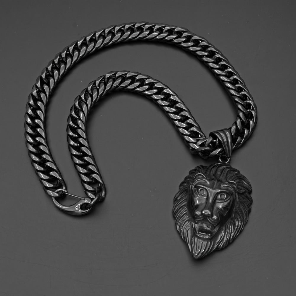 Cuban Link Chain Necklace - Lion Head Pendant Stainless Steel Men Bold Statement Hip Hop Jewelry Black - product detail view