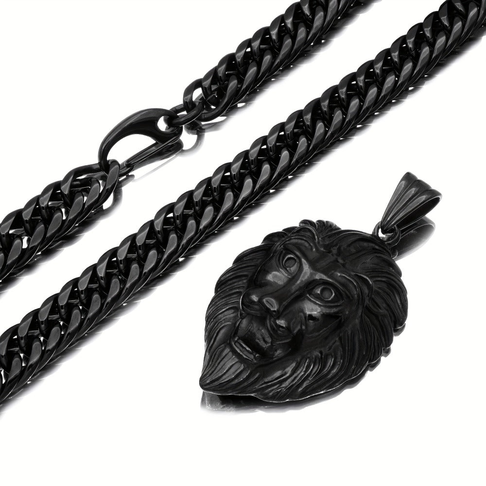 Cuban Link Chain Necklace - Lion Head Pendant Stainless Steel Men Bold Statement Hip Hop Jewelry Black - product detail view