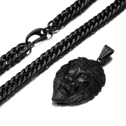 Cuban Link Chain Necklace - Lion Head Pendant Stainless Steel Men Bold Statement Hip Hop Jewelry Black - product detail view