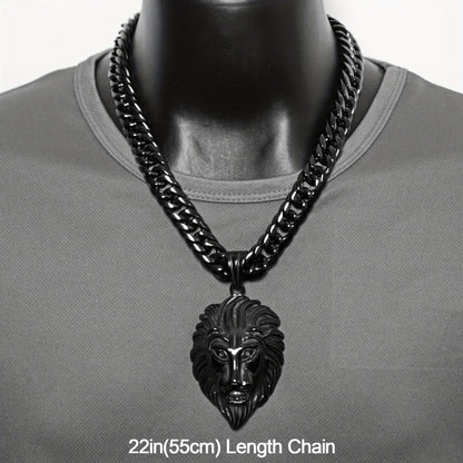 Cuban Link Chain Necklace - Lion Head Pendant Stainless Steel Men Bold Statement Hip Hop Jewelry Black - product detail view
