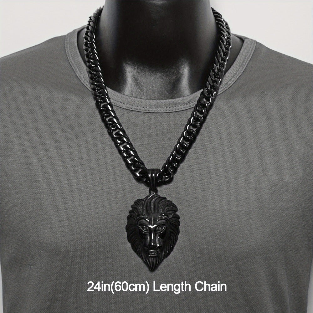 Cuban Link Chain Necklace - Lion Head Pendant Stainless Steel Men Bold Statement Hip Hop Jewelry Black - product detail view
