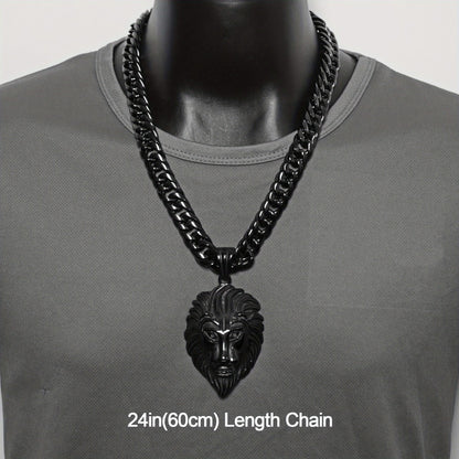 Cuban Link Chain Necklace - Lion Head Pendant Stainless Steel Men Bold Statement Hip Hop Jewelry Black - product detail view