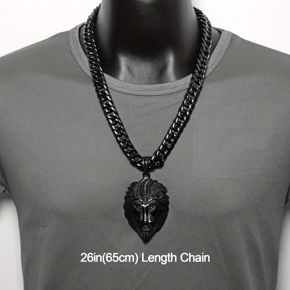 Cuban Link Chain Necklace - Lion Head Pendant Stainless Steel Men Bold Statement Hip Hop Jewelry Black - product detail view