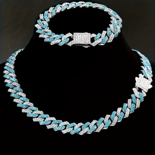 Cuban Link Chain Necklace - Rhinestone Iced Out Hip Hop Jewelry for Men Women Blue Geometric Heavy - main product view