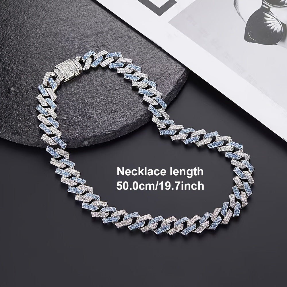 Cuban Link Chain Necklace - Rhinestone Iced Out Hip Hop Jewelry for Men Women Blue Geometric Heavy - product detail view 2