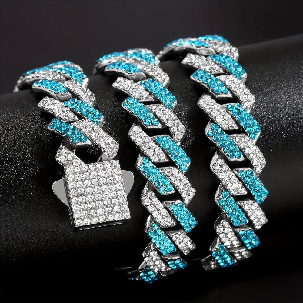 Cuban Link Chain Necklace - Rhinestone Iced Out Hip Hop Jewelry for Men Women Blue Geometric Heavy - product detail view 3