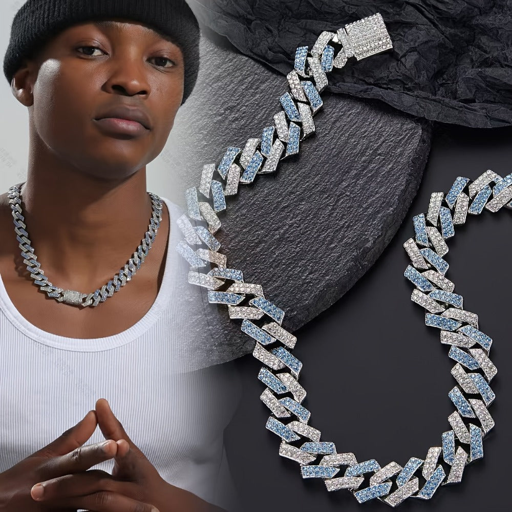 Cuban Link Chain Necklace - Rhinestone Iced Out Hip Hop Jewelry for Men Women Blue Geometric Heavy - product detail view 6
