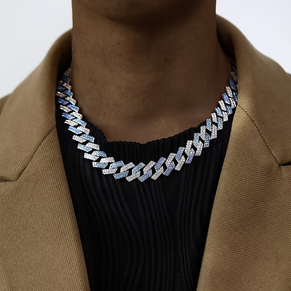 Cuban Link Chain Necklace - Rhinestone Iced Out Hip Hop Jewelry for Men Women Blue Geometric Heavy - product detail view 8