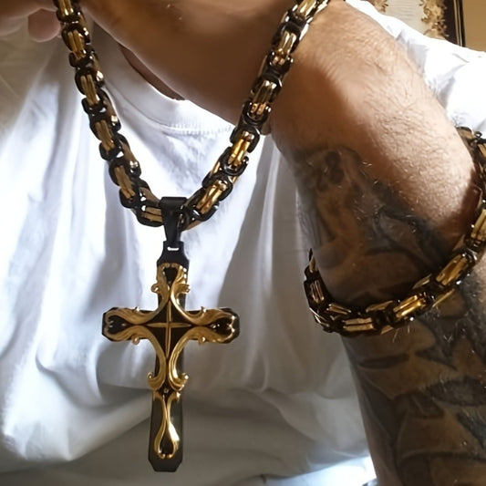 Cuban Link Chain Necklace - Set 2-Piece 316L Stainless Steel Vintage Zircon Bead Men's , Steel & Gold - main product view