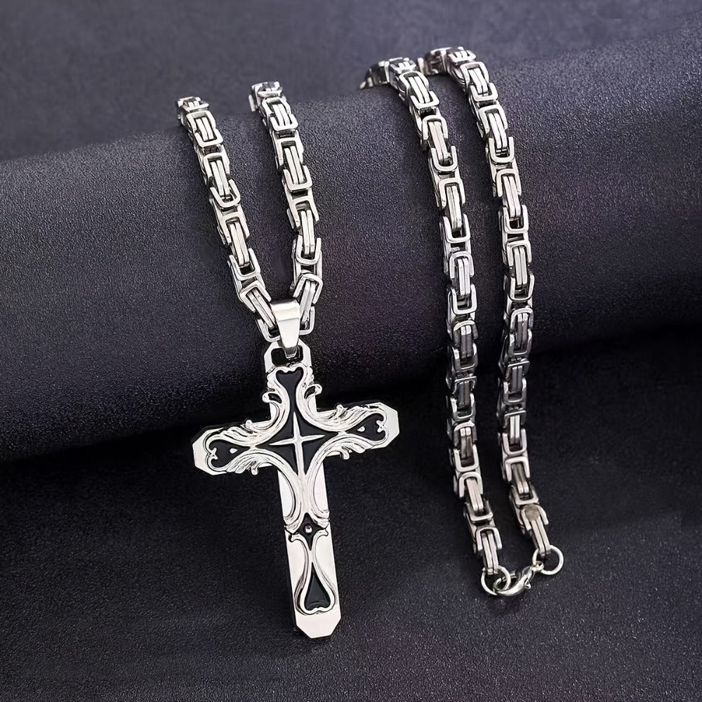 Cuban Link Chain Necklace - Set 2-Piece 316L Stainless Steel Vintage Zircon Bead Men's , Steel & Gold - product detail view 2