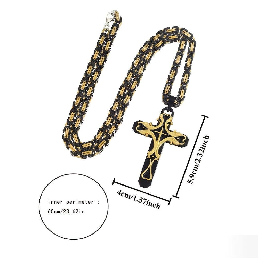 Cuban Link Chain Necklace - Set 2-Piece 316L Stainless Steel Vintage Zircon Bead Men's , Steel & Gold - product detail view 8