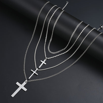 Cuban Link Chain Necklace - Set 4pcs for Men - Stainless Steel Cross Pendant Twisted , Hip Hop - main product view