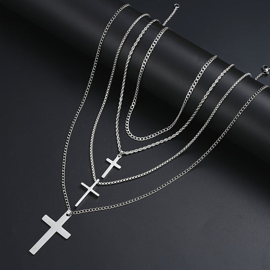 Cuban Link Chain Necklace - Set 4pcs for Men - Stainless Steel Cross Pendant Twisted , Hip Hop - main product view