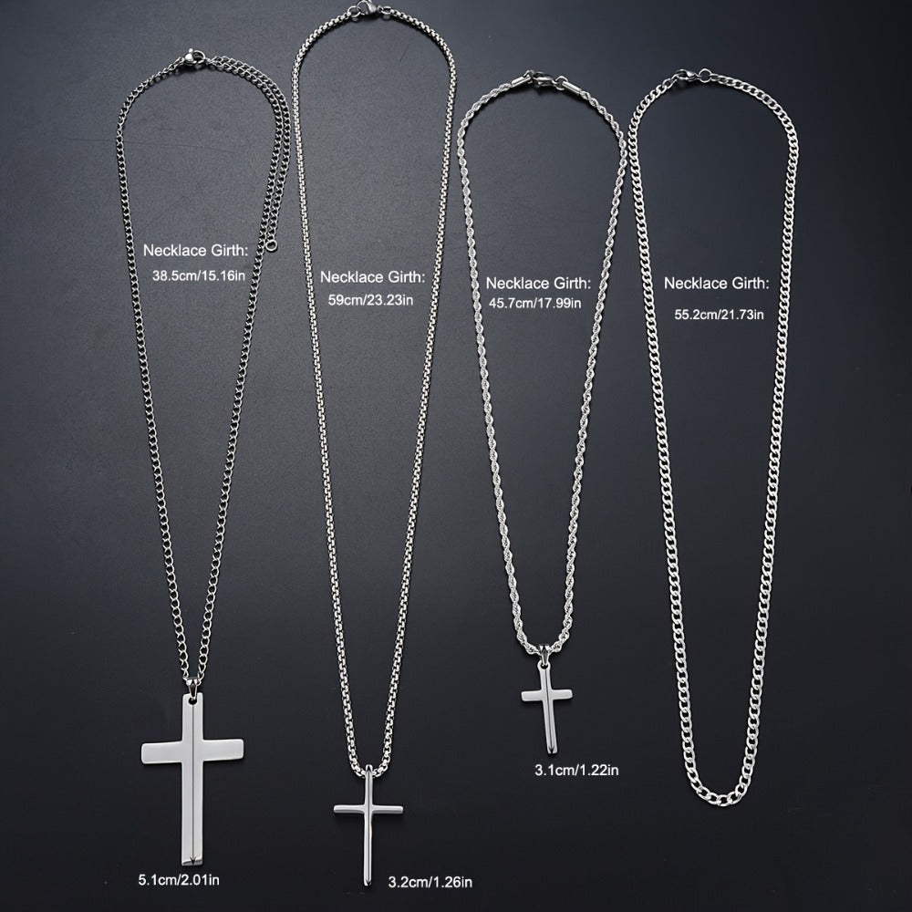 Cuban Link Chain Necklace - Set 4pcs for Men - Stainless Steel Cross Pendant Twisted , Hip Hop - product detail view 2