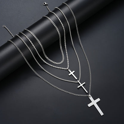 Cuban Link Chain Necklace - Set 4pcs for Men - Stainless Steel Cross Pendant Twisted , Hip Hop - product detail view 3