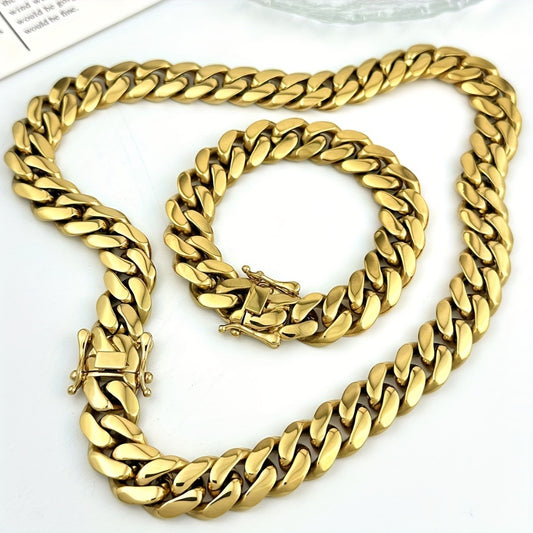 Cuban Link Chain Necklace - Set for Men Stainless Steel Bracelet 2pcs Button Detachable Design 8mm - main product view