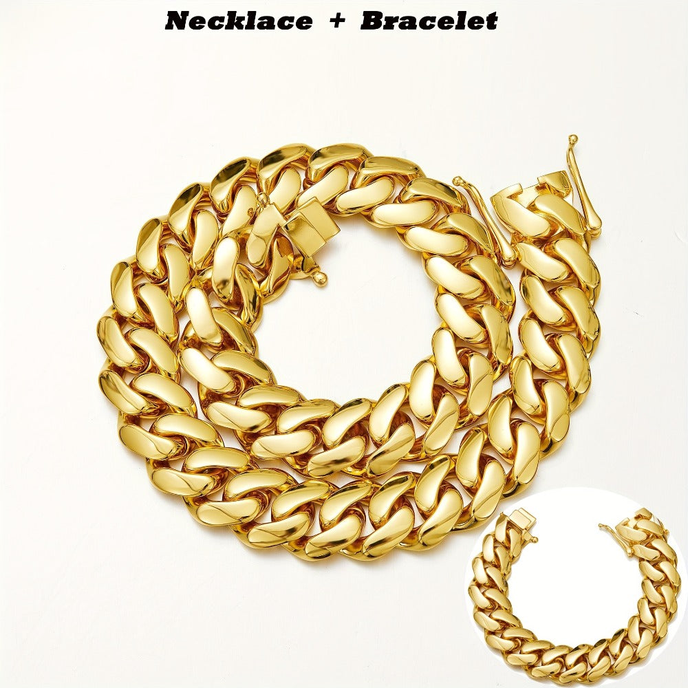Cuban Link Chain Necklace - Set for Men Stainless Steel Bracelet 2pcs Button Detachable Design 8mm - product detail view 3