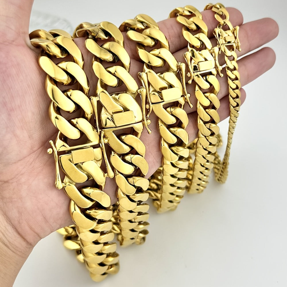 Cuban Link Chain Necklace - Set for Men Stainless Steel Bracelet 2pcs Button Detachable Design 8mm - product detail view 7
