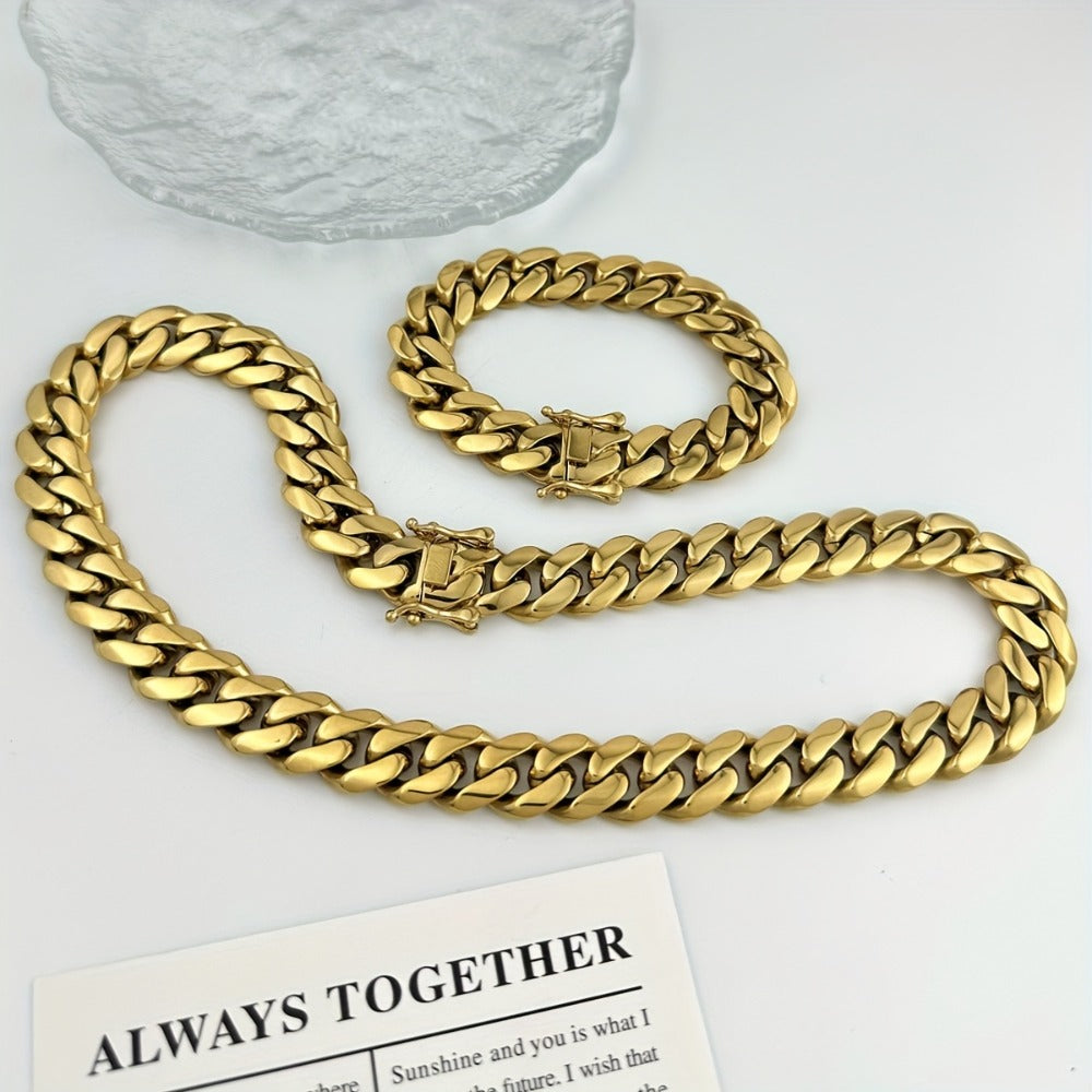 Cuban Link Chain Necklace - Set for Men Stainless Steel Bracelet 2pcs Button Detachable Design 8mm - product detail view 10