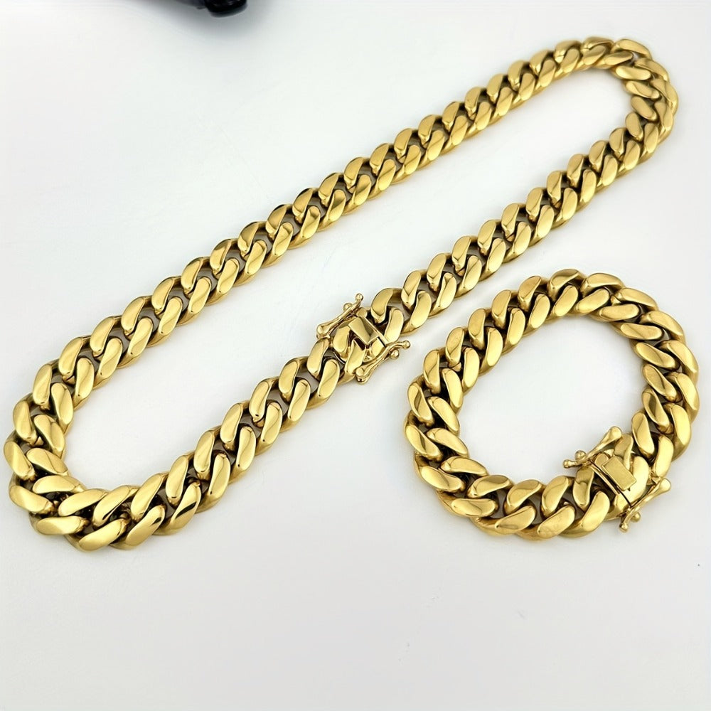 Cuban Link Chain Necklace - Set for Men Stainless Steel Bracelet 2pcs Button Detachable Design 8mm - product detail view 13