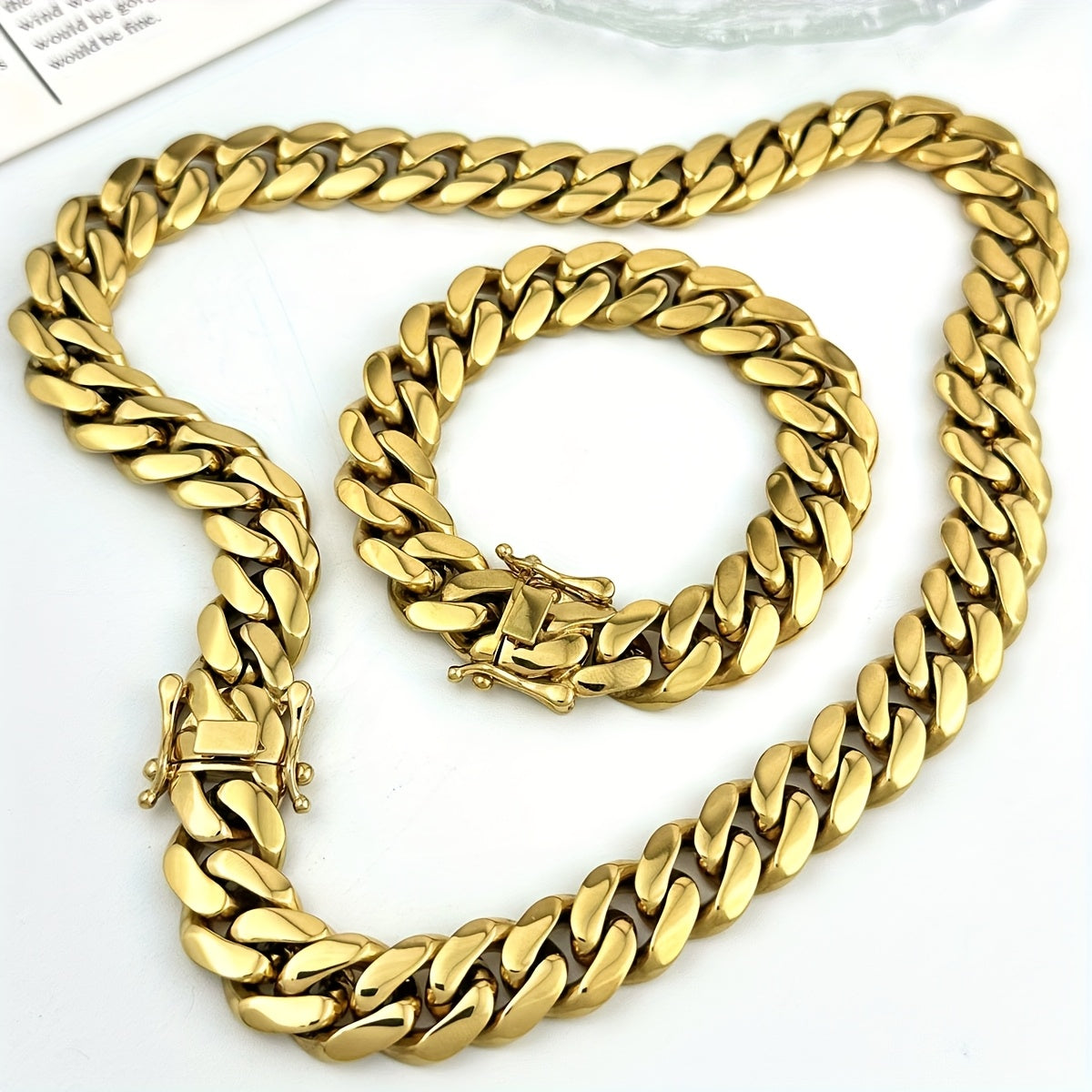 Cuban Link Chain Necklace - Set for Men Stainless Steel Bracelet 2pcs Button Detachable Design 8mm - product detail view 16