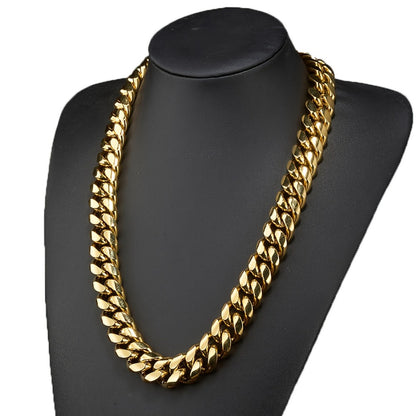Cuban Link Chain Necklace - for Men - Stainless Steel Gold Plated Hip Hop Thick , 6mm to 22mm Wide, 16 - product detail view