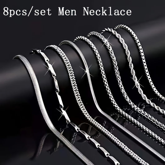 Cuban Link Chain Necklace - Men Stainless Steel Set 8pcs Twisted Hip Hop Pack Multi-Style Casual - main product view