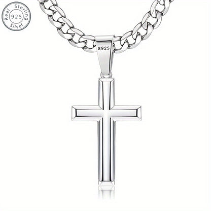 Cuban Link Chain Necklace - Sterling Silver Cross 925 5mm Pendant with Gift Box 22 24 Inch Unisex - main product view