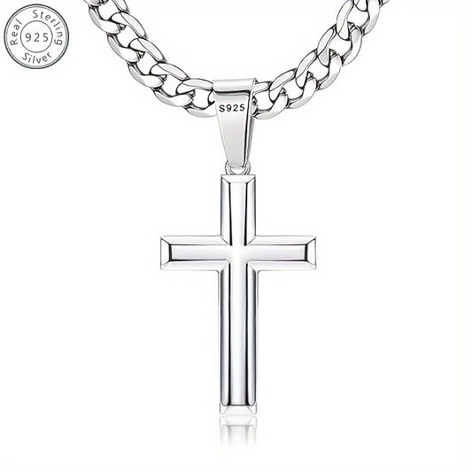Cuban Link Chain Necklace - Sterling Silver Cross 925 5mm Pendant with Gift Box 22 24 Inch Unisex - main product view