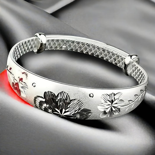 Cuff Bracelet for Women - 925 Silver Floral Cuff, Engraved Open Band - main product view