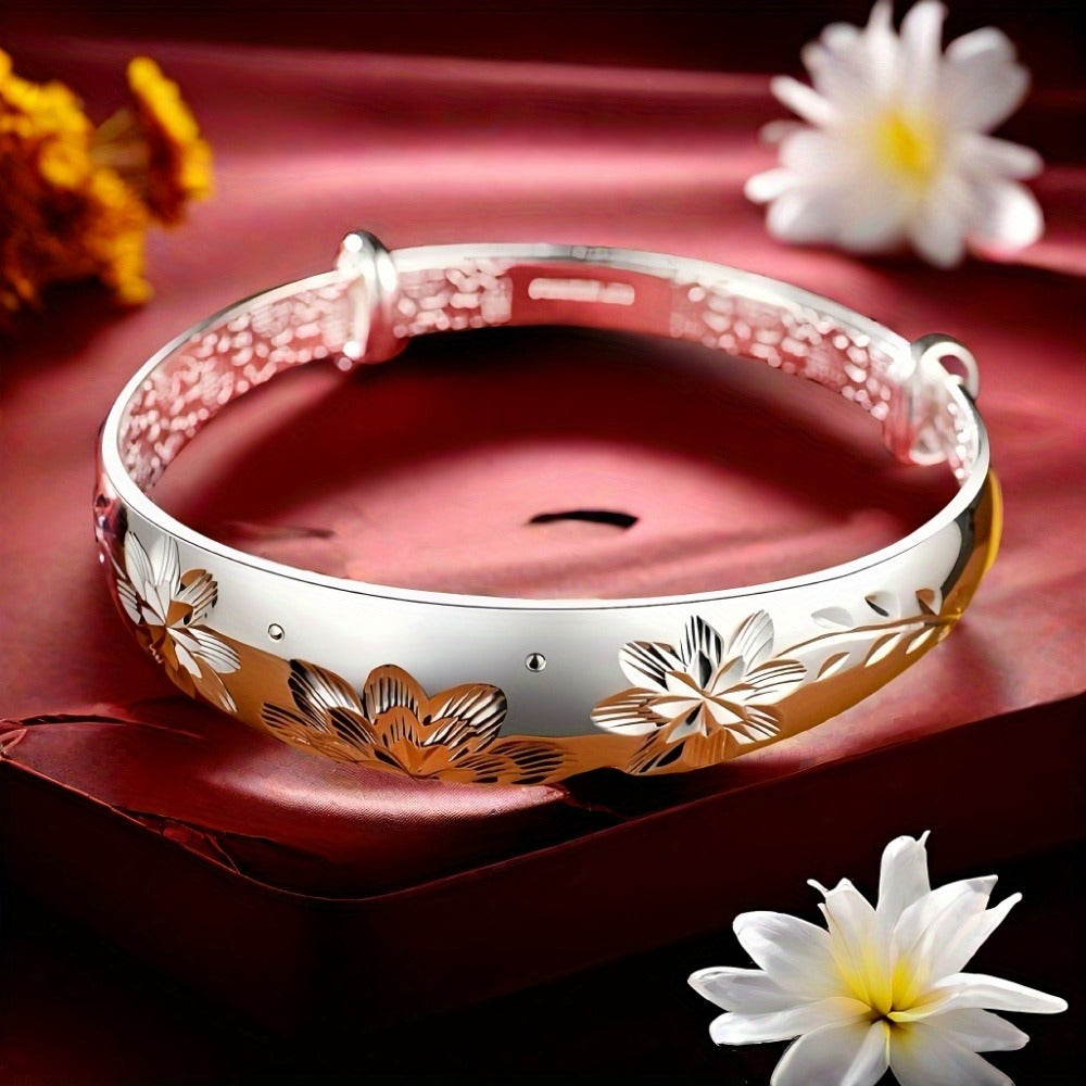 Cuff Bracelet for Women - 925 Silver Floral Cuff, Engraved Open Band - product detail view 4