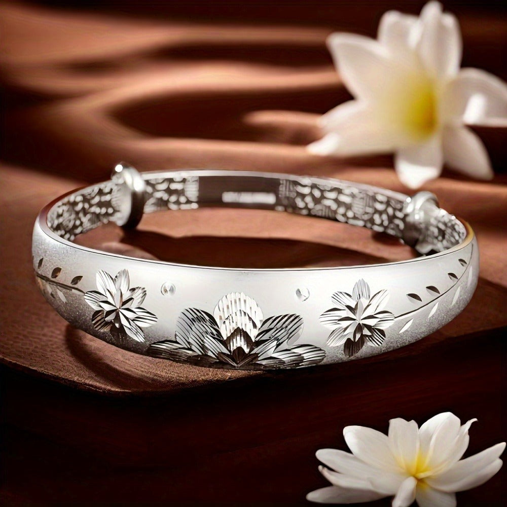 Cuff Bracelet for Women - 925 Silver Floral Cuff, Engraved Open Band - product detail view 6