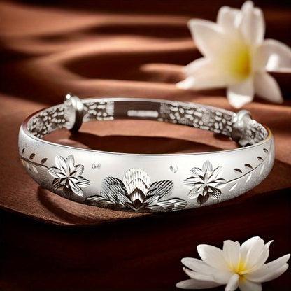 Cuff Bracelet for Women - 925 Silver Floral Cuff, Engraved Open Band - product detail view 6