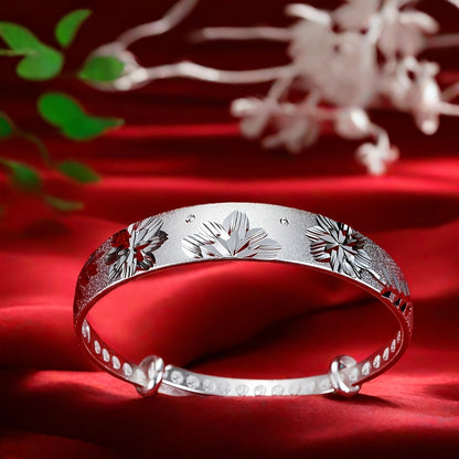 Cuff Bracelet for Women - 925 Silver Floral Cuff, Engraved Open Band - product detail view 10