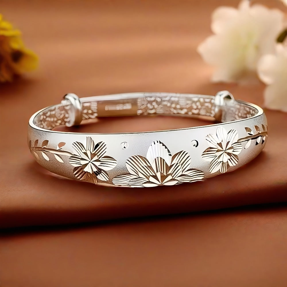 Cuff Bracelet for Women - 925 Silver Floral Cuff, Engraved Open Band - product detail view 11