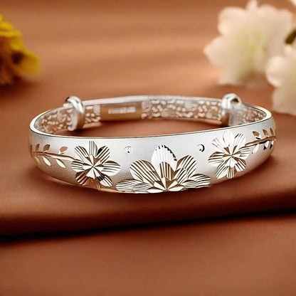 Cuff Bracelet for Women - 925 Silver Floral Cuff, Engraved Open Band - product detail view 11