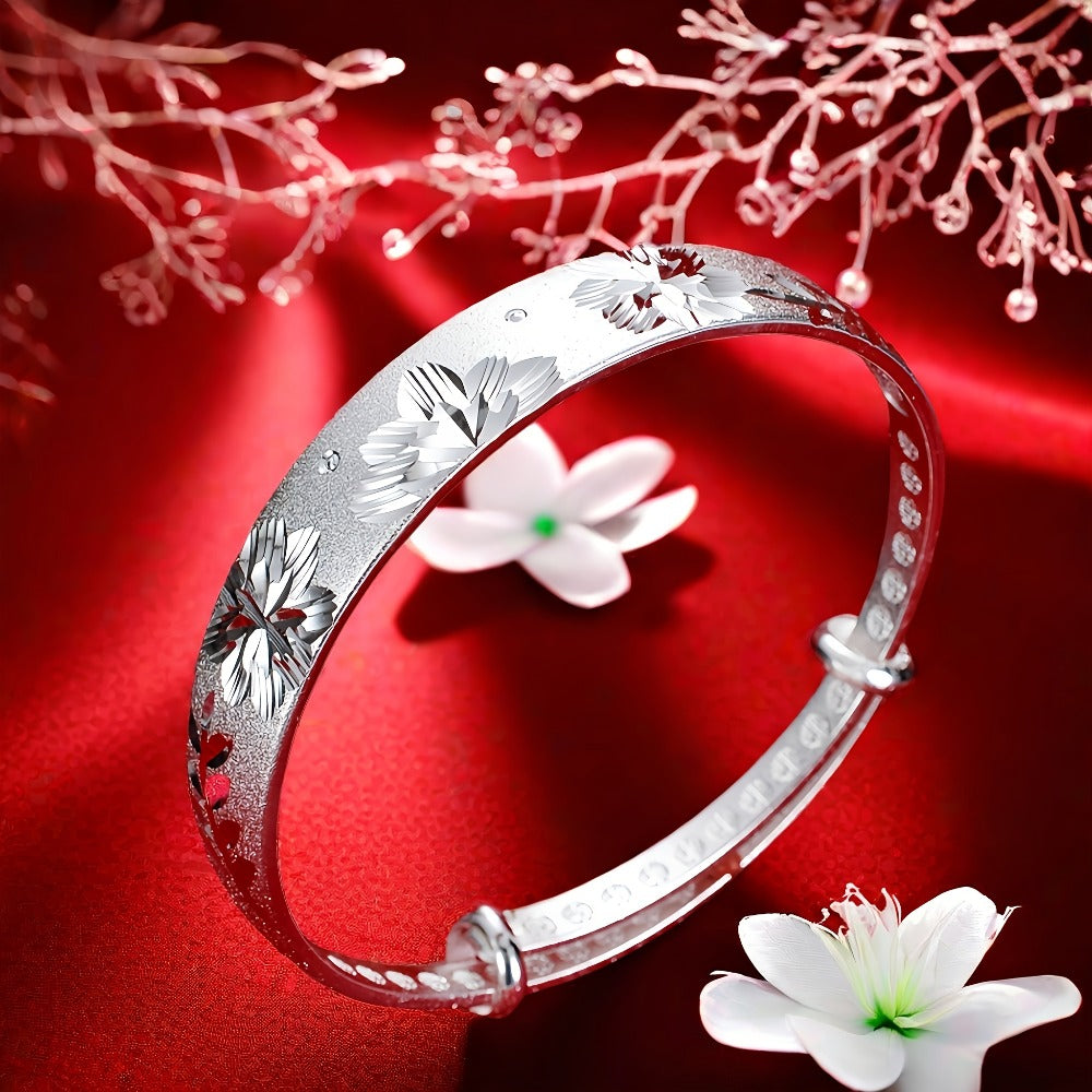 Cuff Bracelet for Women - 925 Silver Floral Cuff, Engraved Open Band - product detail view 12