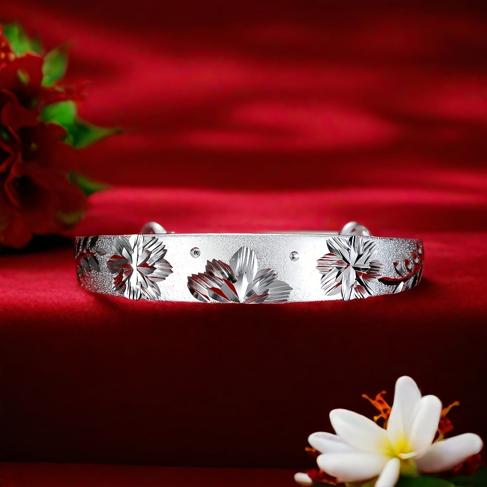 Cuff Bracelet for Women - 925 Silver Floral Cuff, Engraved Open Band - product detail view 13