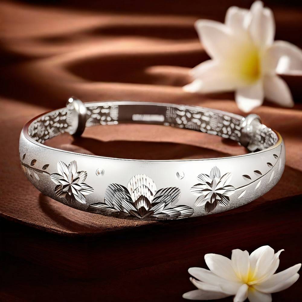 Cuff Bracelet for Women - 925 Silver Floral Cuff, Engraved Open Band - product detail view 14
