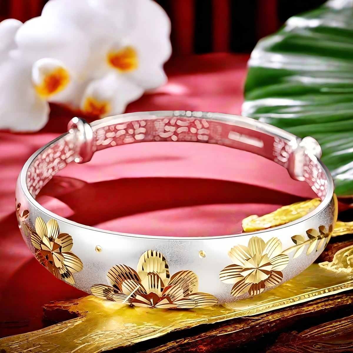 Cuff Bracelet for Women - 925 Silver Floral Cuff, Engraved Open Band - product detail view 16